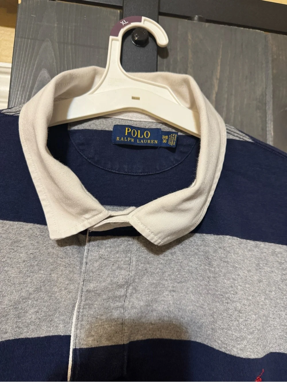 Polo by Ralph Lauren Men's Navy & Gray Striped Rugby Shirt with White Collar